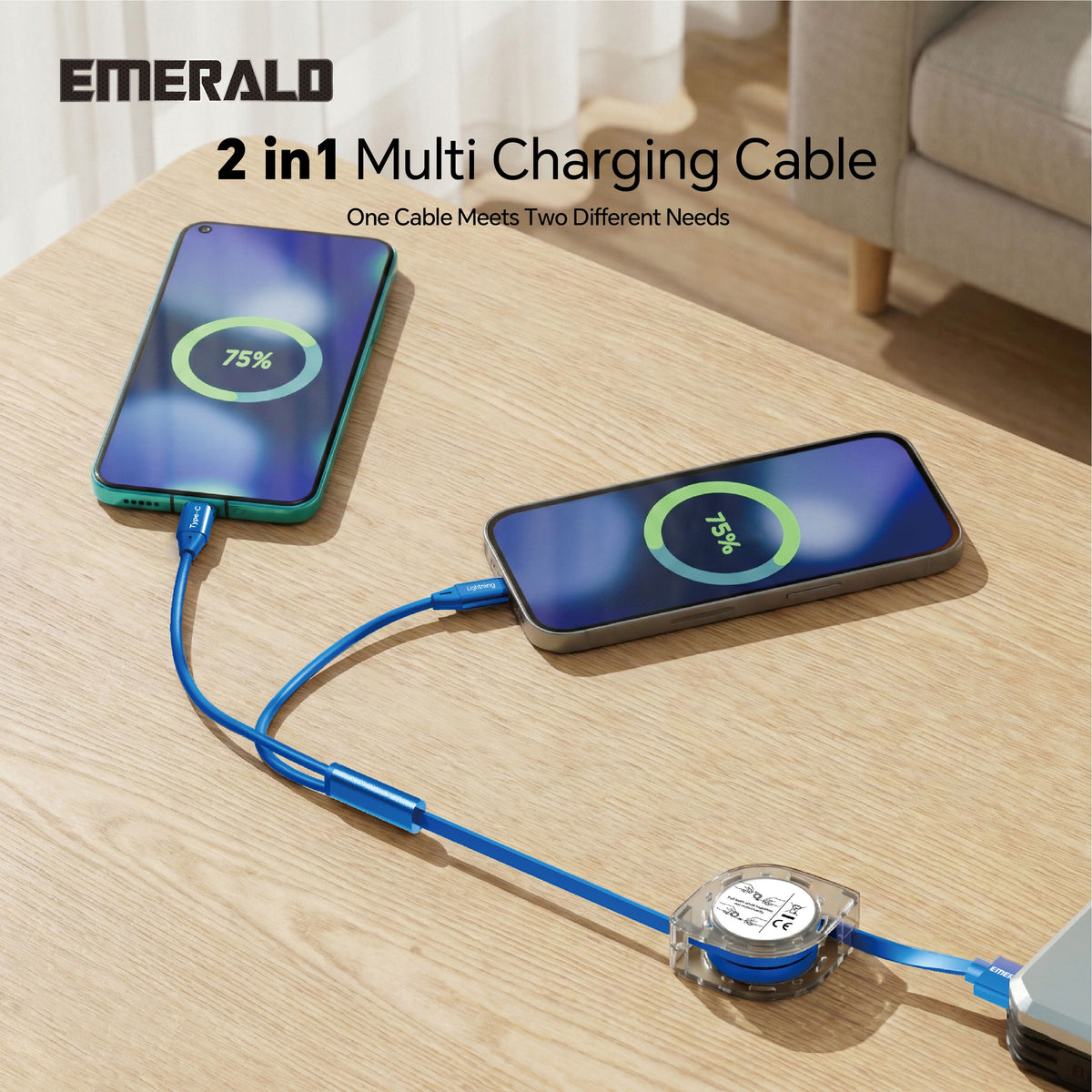 Emerald 3.3ft 2-in-1 Retractable USB-A to Lightning & Type-C, Fast Charging & Data Syncing Cable