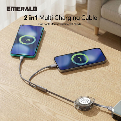 Emerald 3.3ft 2-in-1 Retractable USB-A to Lightning & Type-C, Fast Charging & Data Syncing Cable