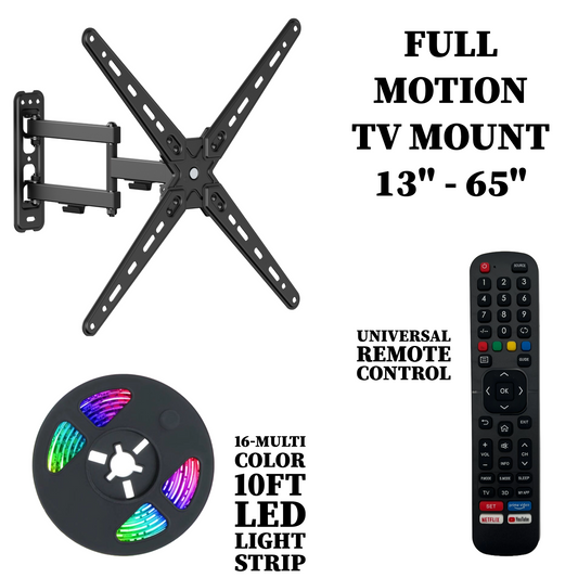 Emerald Full Motion TV Wall Mount Kit for 13"-65" TVs - FM TV Wall Mount, Universal Remote Control, & 10FT LED Light Strip