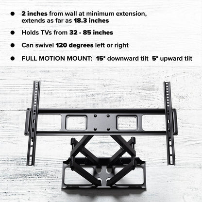 Emerald Full Motion Wall Mount for 32"-85" TVs – Heavy Duty, Swivel & Tilt, 180 lbs Capacity, Max VESA 600x400