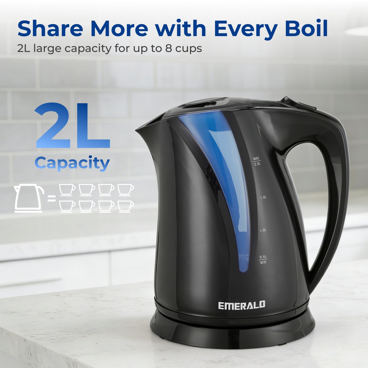 Emerald 2L Black Electric Kettle, 1350W, Automatic Shut Off, Fast Boil Design
