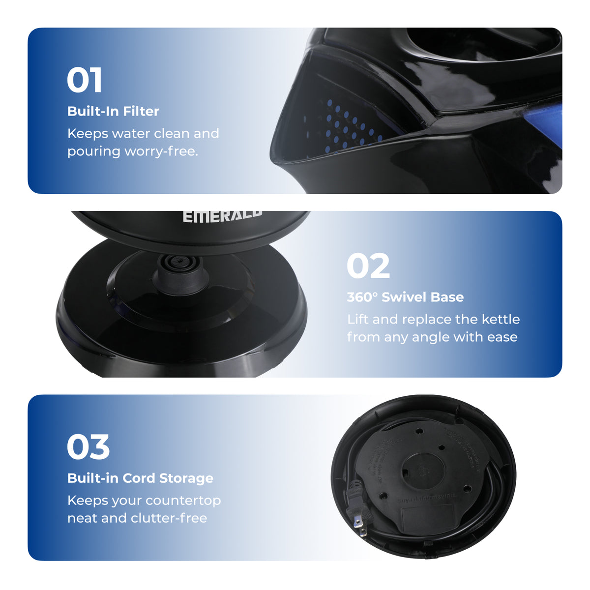 Emerald 2L Black Electric Kettle, 1350W, Automatic Shut Off, Fast Boil Design