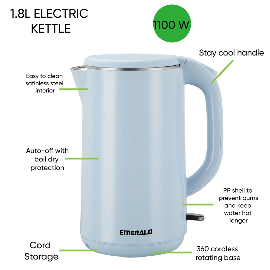Emerald 1.8L Electric Kettle, 1100W, Auto Shut-Off, Fast-Boil Design