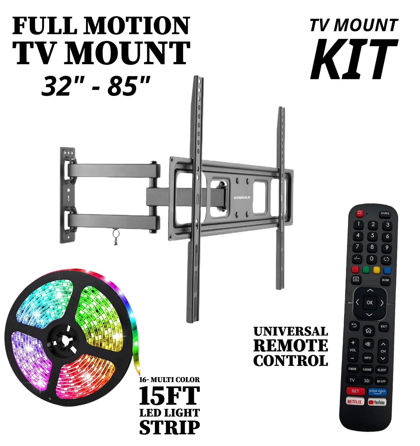 Emerald 32–85" Full Motion TV Wall Mount Kit with 15ft LED Strip Light and Universal RF Remote