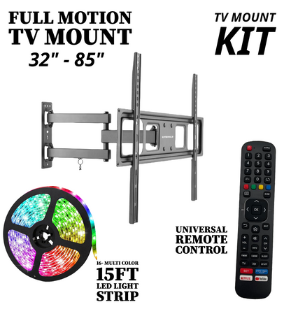 Emerald 32–85" Full Motion TV Wall Mount Kit with 15ft LED Strip Light and Universal RF Remote
