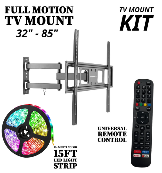 Emerald 32–85" Full Motion TV Wall Mount Kit with 15ft LED Strip Light and Universal RF Remote