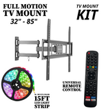 Emerald 32–85" Full Motion TV Wall Mount Kit with 15ft LED Strip Light and Universal RF Remote