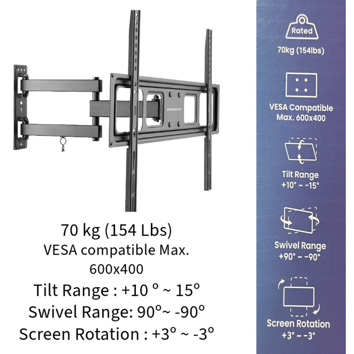 Emerald 32–85" Full Motion TV Wall Mount Kit with 15ft LED Strip Light and Universal RF Remote