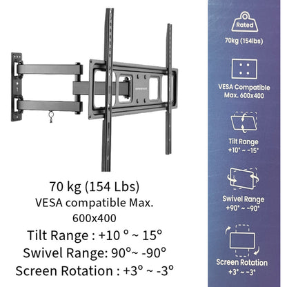 Emerald 32–85" Full Motion TV Wall Mount Kit with 15ft LED Strip Light and Universal RF Remote