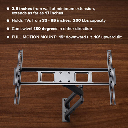 Emerald 32–85" Full Motion TV Wall Mount Kit with 15ft LED Strip Light and Universal RF Remote