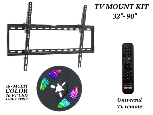 Emerald 32-90" Tilt TV Wall Mount Kit with 15ft LED Strip Light and Universal RF Remote