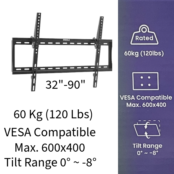 Emerald 32-90" Tilt TV Wall Mount Kit with 15ft LED Strip Light and Universal RF Remote