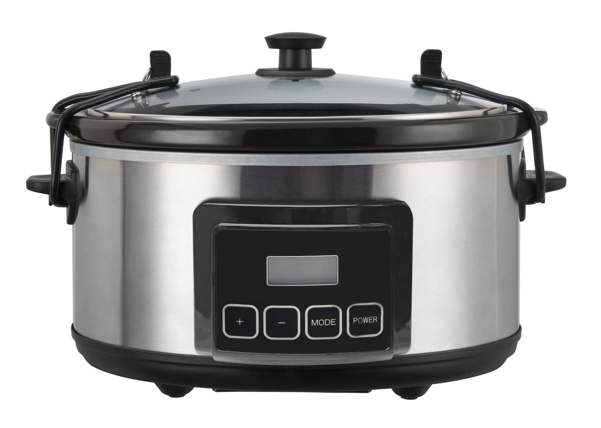 Emerald 6.3-Quart Slow Cooker with Locking Lid, Stainless Steel, Keep Warm Function, Dishwasher Safe