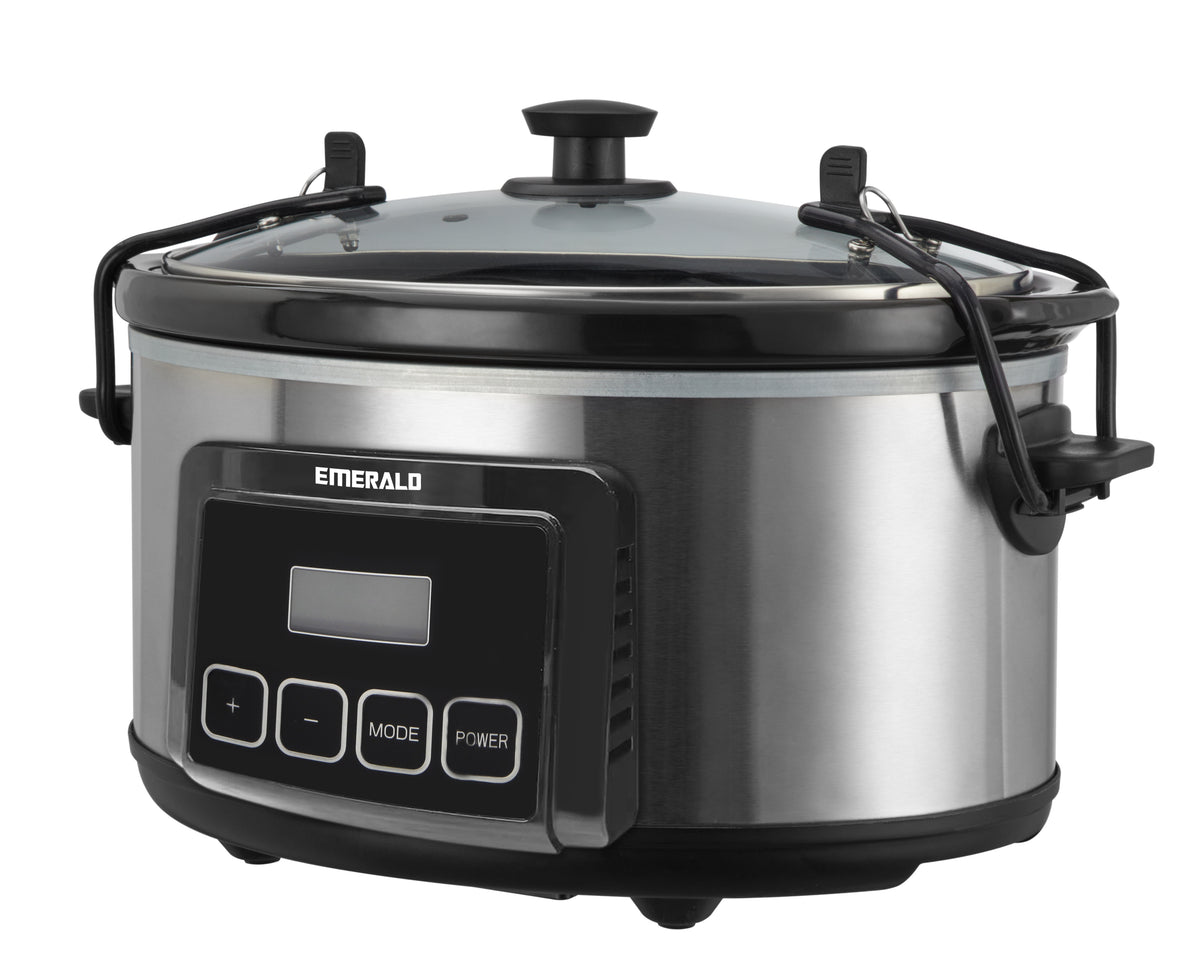 Emerald 6.3-Quart Slow Cooker with Locking Lid, Stainless Steel, Keep Warm Function, Dishwasher Safe