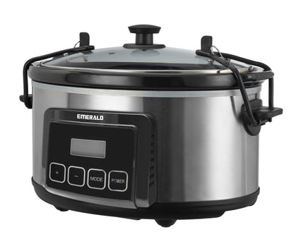 Emerald 6.3-Quart Slow Cooker with Locking Lid, Stainless Steel, Keep Warm Function, Dishwasher Safe