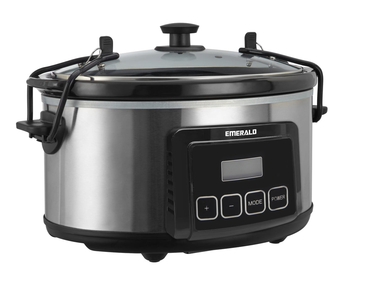 Emerald 6.3-Quart Slow Cooker with Locking Lid, Stainless Steel, Keep Warm Function, Dishwasher Safe