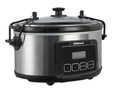 Emerald 6.3-Quart Slow Cooker with Locking Lid, Stainless Steel, Keep Warm Function, Dishwasher Safe