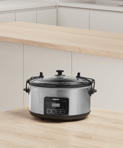 Emerald 6.3-Quart Slow Cooker with Locking Lid, Stainless Steel, Keep Warm Function, Dishwasher Safe