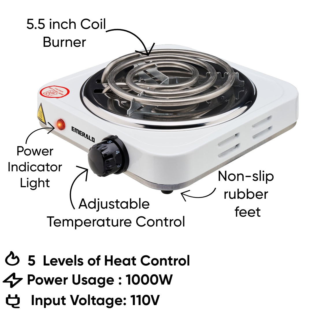 Emerald Compact & Portable, 1000W Electric Single Burner 5.5" Coil Stovetop