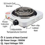Emerald Compact & Portable, 1000W Electric Single Burner 5.5" Coil Stovetop