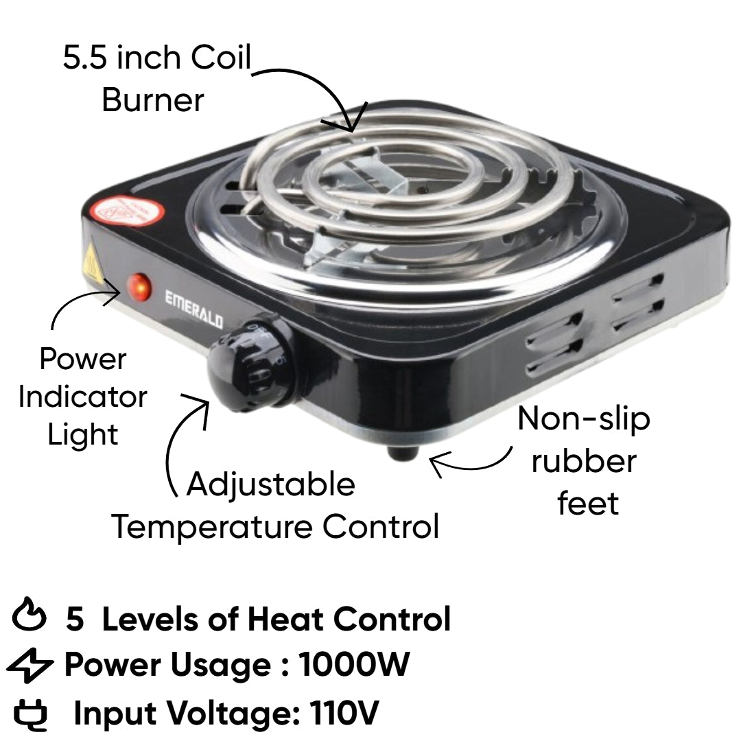 Emerald Compact & Portable, 1000W Electric Single Burner 5.5" Coil Stovetop