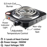 Emerald Compact & Portable, 1000W Electric Single Burner 5.5" Coil Stovetop
