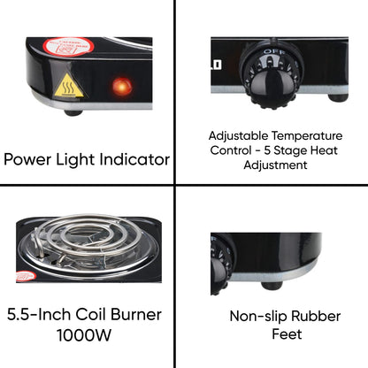 Emerald Compact & Portable, 1000W Electric Single Burner 5.5" Coil Stovetop