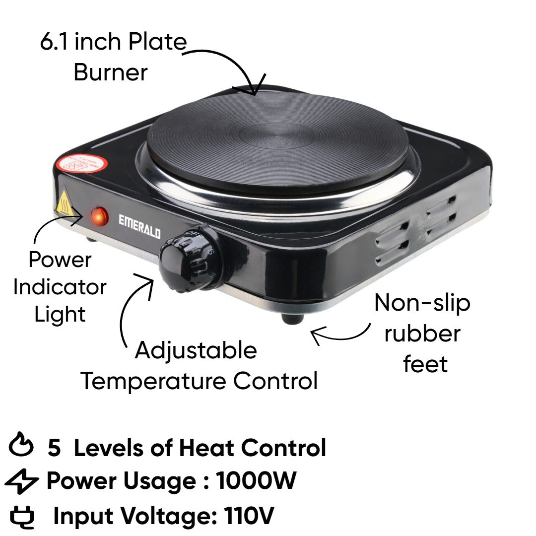 Emerald Compact & Portable, 1000W Electric Single Burner 6.1" Coil Less Plate Stovetop