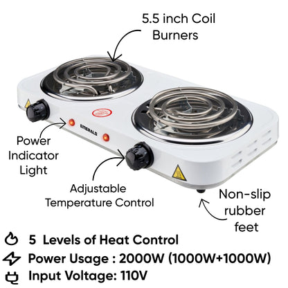 Emerald Compact & Portable, 2000W (2x1000W) Electric Double Burner 5.5" Coils Stovetop