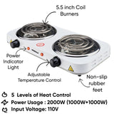 Emerald Compact & Portable, 2000W (2x1000W) Electric Double Burner 5.5" Coils Stovetop
