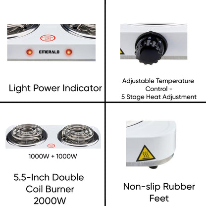 Emerald Compact & Portable, 2000W (2x1000W) Electric Double Burner 5.5" Coils Stovetop