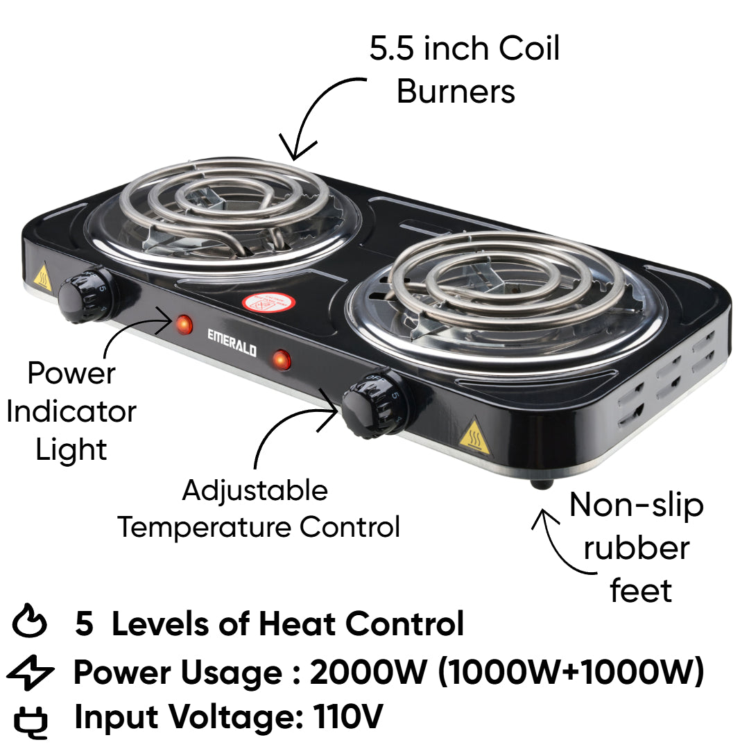 Emerald Compact & Portable, 2000W (2x1000W) Electric Double Burner 5.5" Coils Stovetop