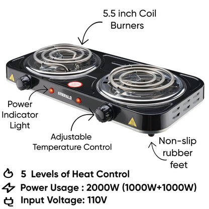Emerald Compact & Portable, 2000W (2x1000W) Electric Double Burner 5.5" Coils Stovetop