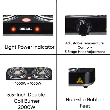 Emerald Compact & Portable, 2000W (2x1000W) Electric Double Burner 5.5" Coils Stovetop