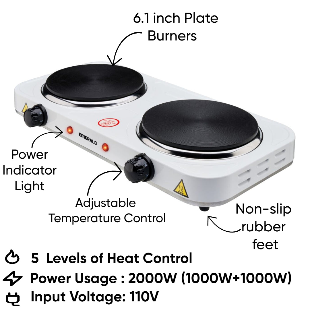 Emerald Compact & Portable, 2000W (2x1000W) Electric Double Burner 6.1" Coils Less Plate Stovetop