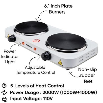 Emerald Compact & Portable, 2000W (2x1000W) Electric Double Burner 6.1" Coils Less Plate Stovetop