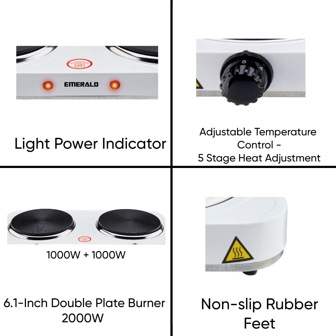 Emerald Compact & Portable, 2000W (2x1000W) Electric Double Burner 6.1" Coils Less Plate Stovetop