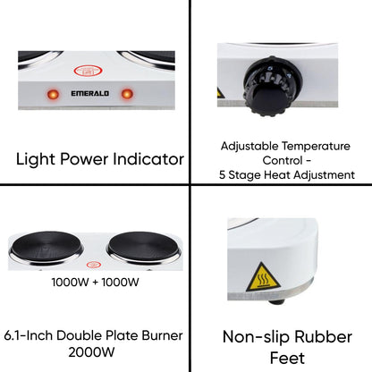 Emerald Compact & Portable, 2000W (2x1000W) Electric Double Burner 6.1" Coils Less Plate Stovetop
