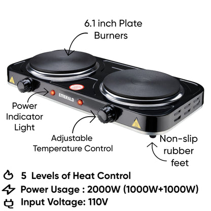 Emerald Compact & Portable, 2000W (2x1000W) Electric Double Burner 6.1" Coils Less Plate Stovetop