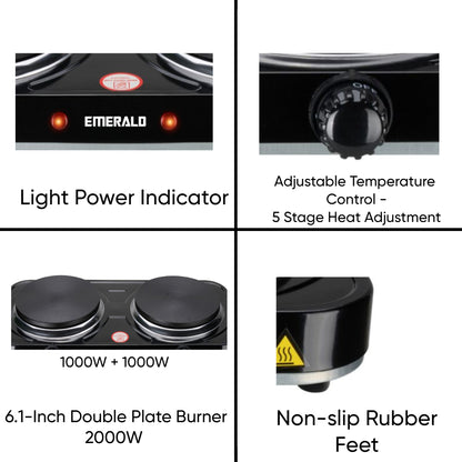 Emerald Compact & Portable, 2000W (2x1000W) Electric Double Burner 6.1" Coils Less Plate Stovetop