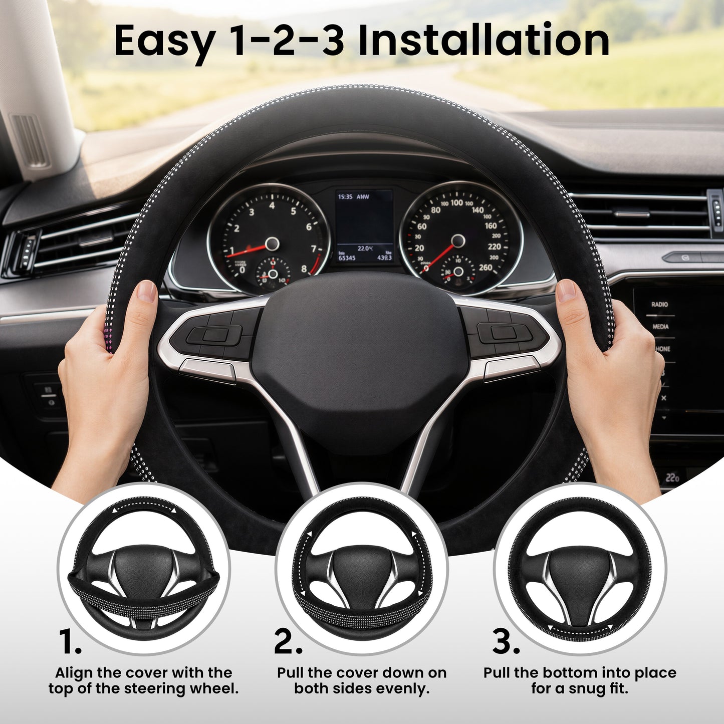 Emerald Universal 14.6"-15.4" Bling Steering Wheel Cover, Glass Crystal Soft Fur