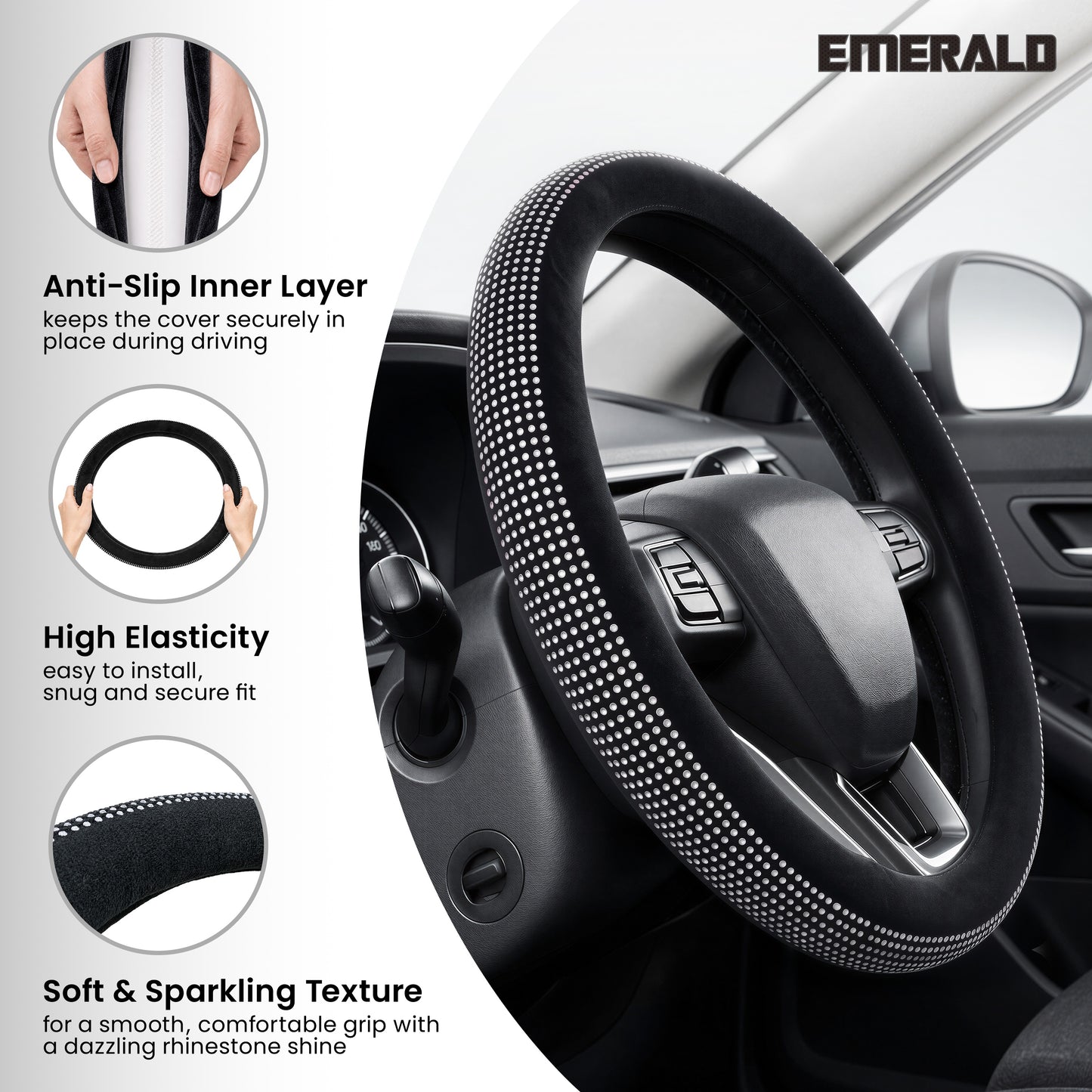 Emerald Universal 14.6"-15.4" Bling Steering Wheel Cover, Glass Crystal Soft Fur