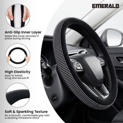 Emerald Universal 14.6"-15.4" Bling Steering Wheel Cover, Glass Crystal Soft Fur