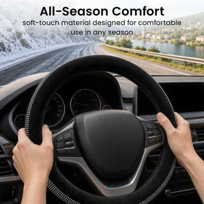 Emerald Universal 14.6"-15.4" Bling Steering Wheel Cover, Glass Crystal Soft Fur