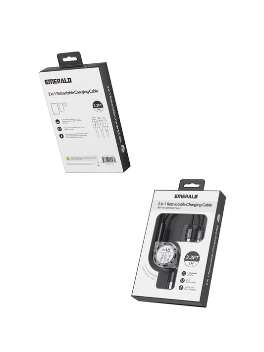 Emerald 3.3ft 2-in-1 Retractable USB-A to Lightning & Type-C, Fast Charging & Data Syncing Cable