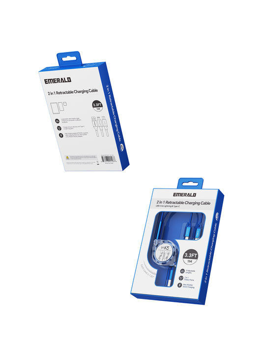 Emerald 3.3ft 2-in-1 Retractable USB-A to Lightning & Type-C, Fast Charging & Data Syncing Cable