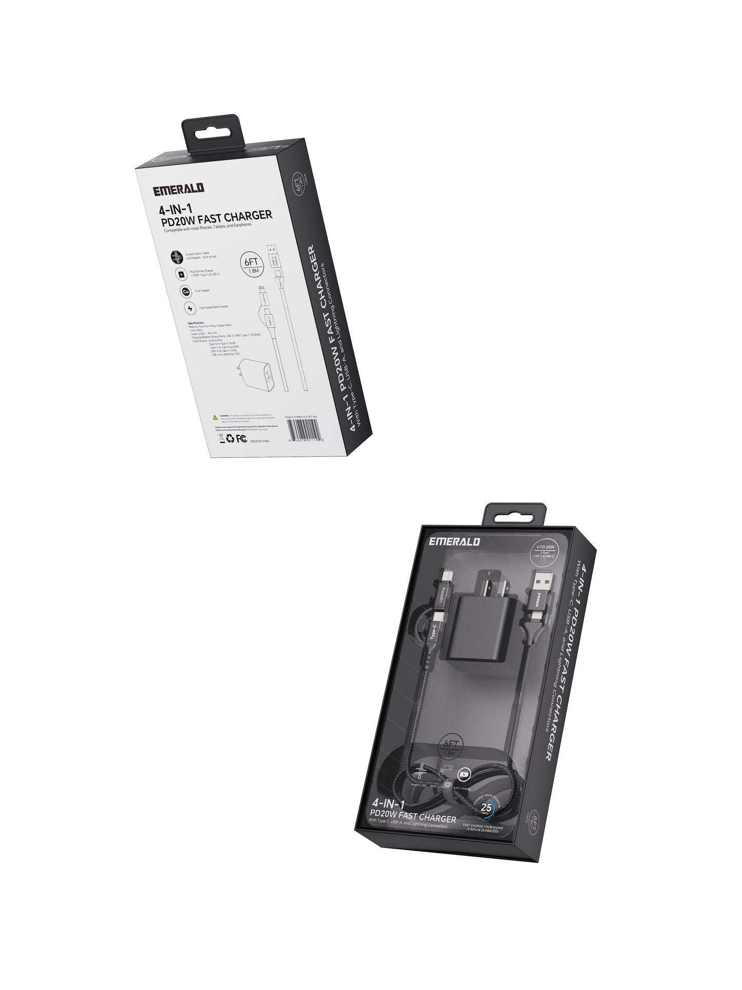 Emerald 6ft 4-in-1 Braided USB-A & Type-C to Lightning & Type-C with Adapter, Fast Charging & Data Syncing Cable