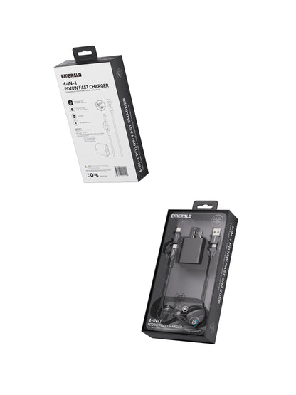 Emerald 6ft 4-in-1 Braided USB-A & Type-C to Lightning & Type-C with Adapter, Fast Charging & Data Syncing Cable