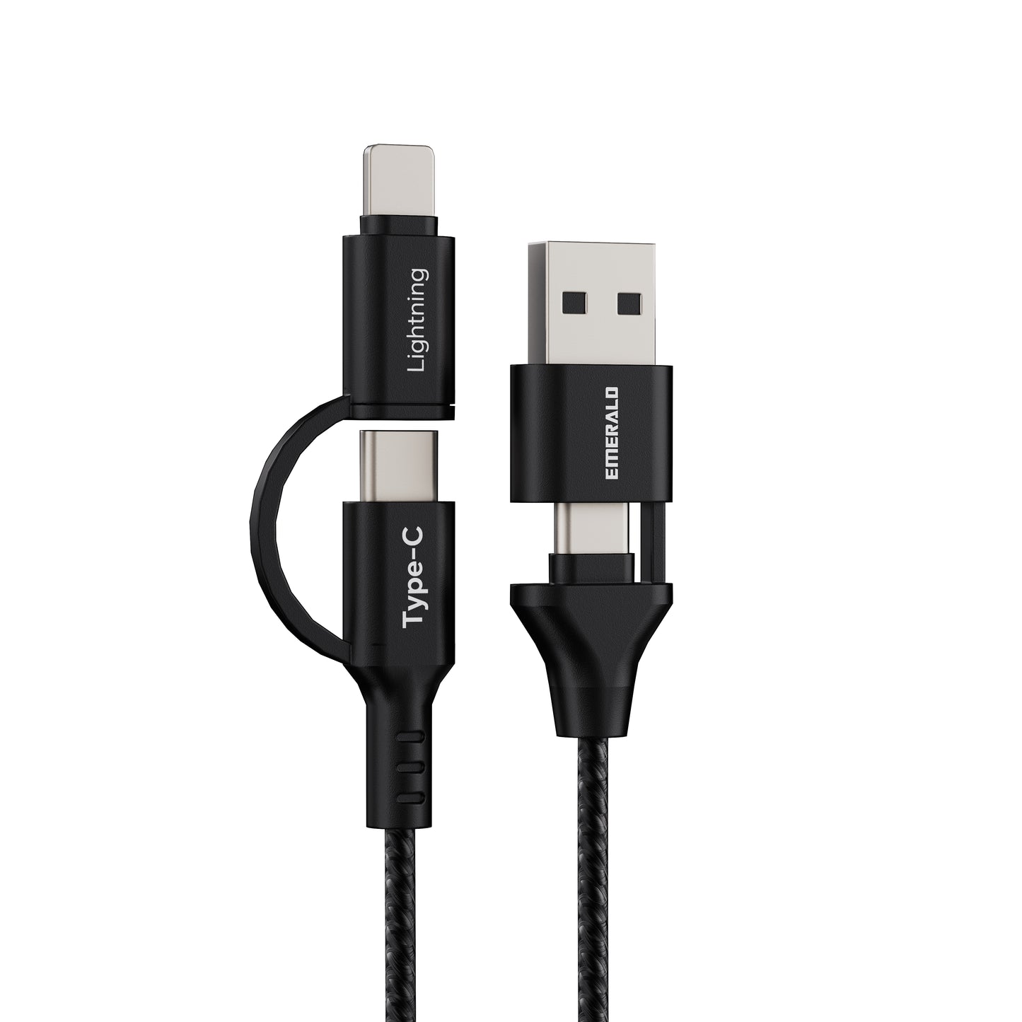 Emerald 6ft 4-in-1 Braided USB-A & Type-C to Lightning & Type-C with Adapter, Fast Charging & Data Syncing Cable