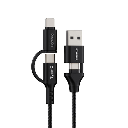 Emerald 6ft 4-in-1 Braided USB-A & Type-C to Lightning & Type-C with Adapter, Fast Charging & Data Syncing Cable